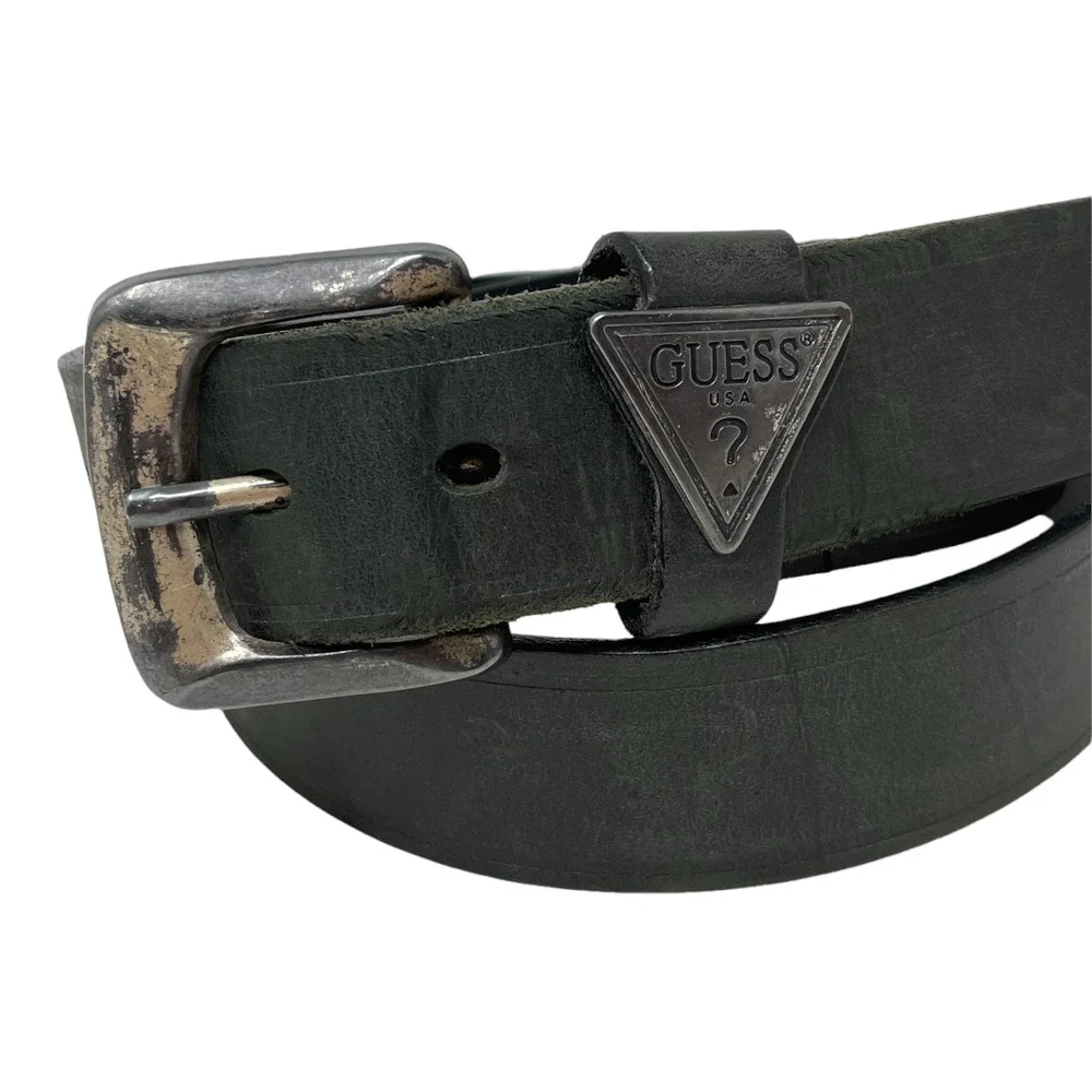 Vintage 90s Guess Black Leather Belt 36 Made in USA Triangle Logo Distressed - Picture 6 of 6